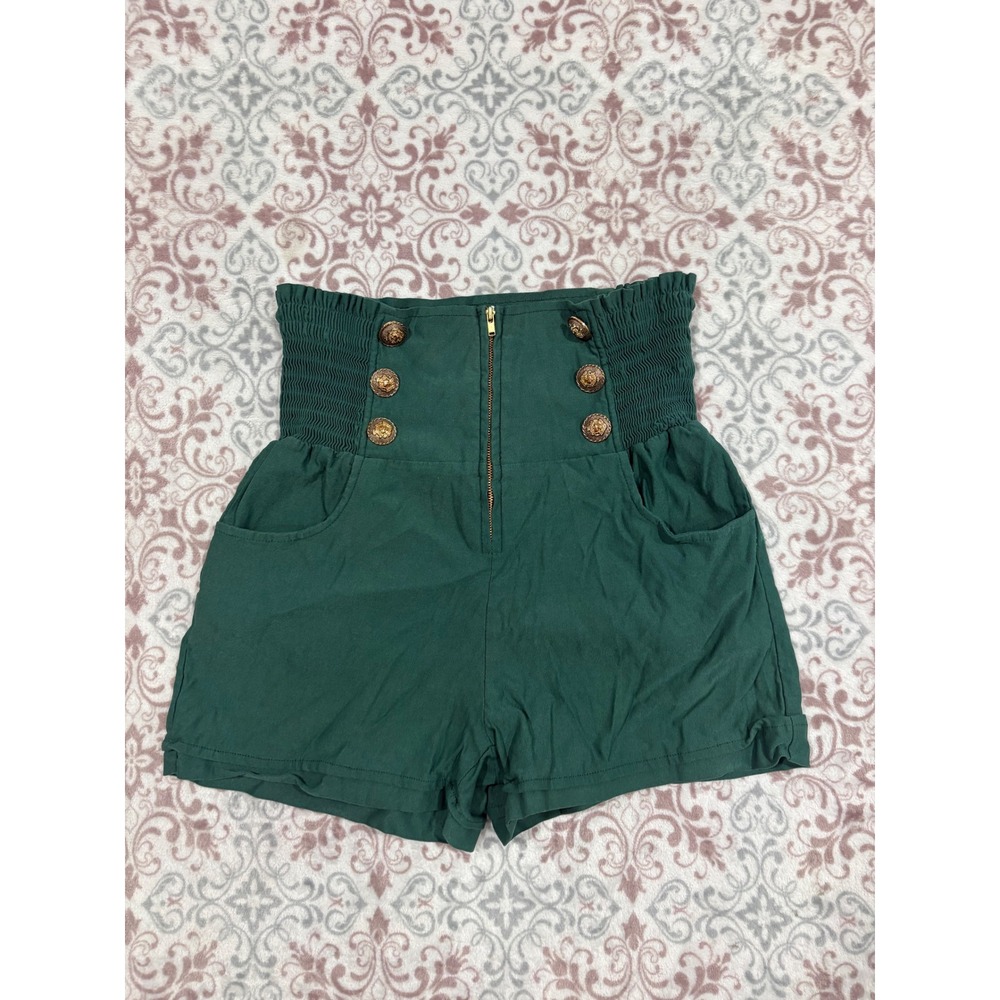 Penelope Forest Green High Waisted Smocked Nautical Button Shorts XXL